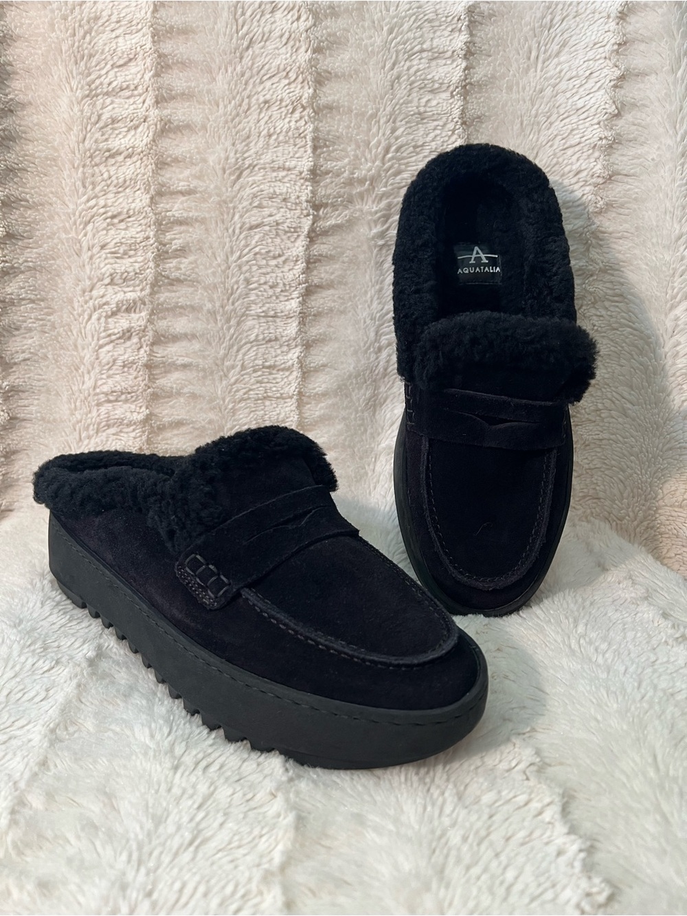 NWOT Aquatalia Black Faux-Shearling Mule Loafers